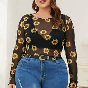 Lettuce Trim Mesh Top in Black w/ Sunflower Print